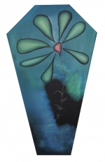 Ziemowit Fincek, Trumienka z niebieskim kwiatkiem, olej, ptno, 83cm x 45cm, 2016 r.